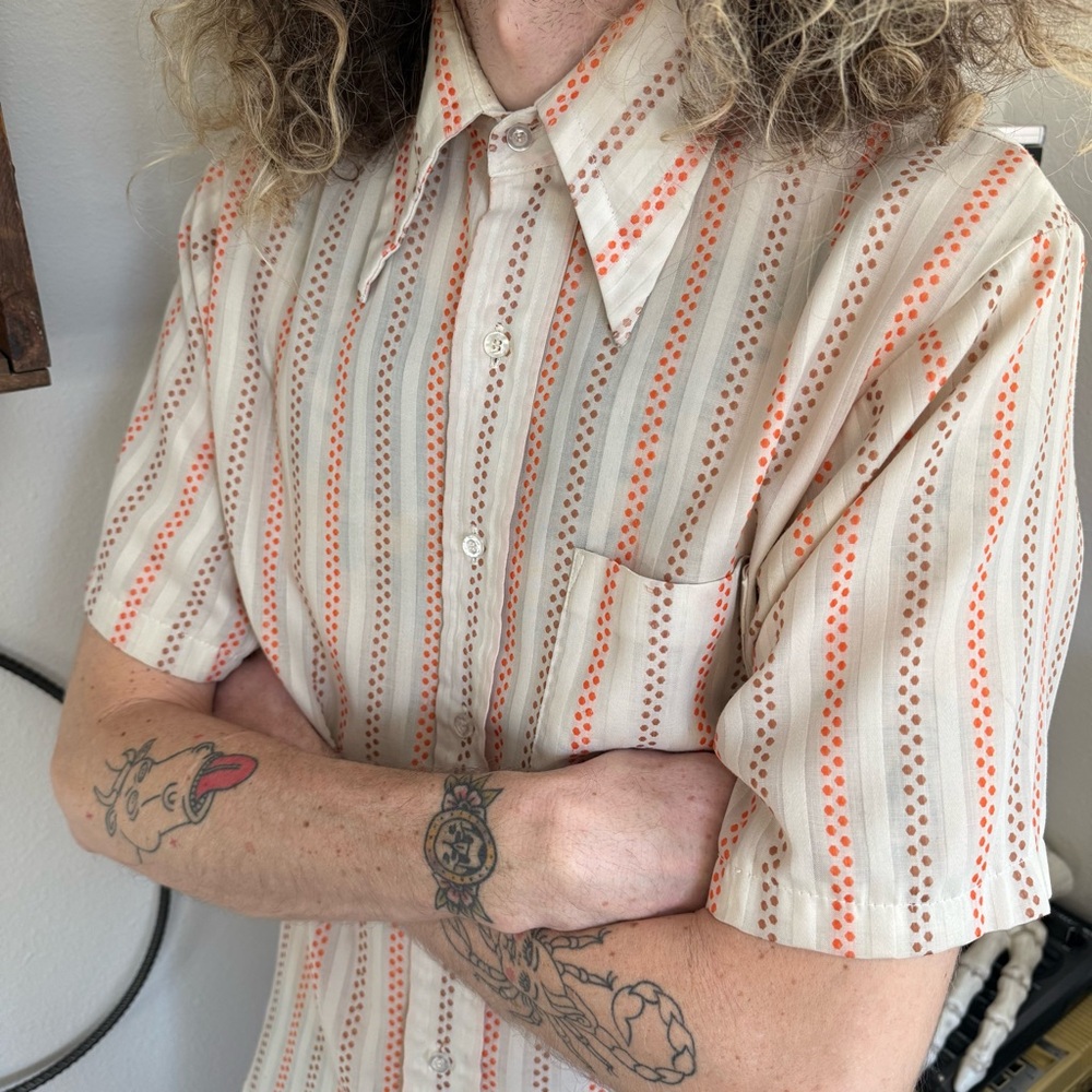 Vintage 60s 70s Semi Sheer Dagger Collar S/S Striped Button Down ~ Size Medium - Picture 5 of 9